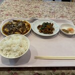 中国料理 鮮菜 - 最初のお膳。麻婆豆腐、黒酢酢豚のB定食。ご飯半分。
