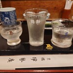 伊勢廣 ニューオータニ店 - 左から臥龍梅(静岡)、鶴齢(新潟)、真澄(長野)　焼鳥の脂をスッと流してくれる