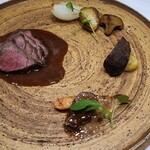 248257469 - ⑪鹿のヒレ(広島県安芸高田産)のステーキ&鹿の心臓(広島県安芸高田産)ロースト&鹿のタン(広島県安芸高田産)の煮込み、ローストペコロス&ロースト芽甘藍&ロースト椎茸&ロースト芽人参&ロースト薩摩芋添え