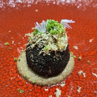 MILLE - ⑦リードヴォー(仔牛の胸腺)と馬鈴薯の中身、黒胡麻&竹炭をまぶしたクロケット、削りサマートリュフ&芽葱&エディブルフラワー載せ
                サマートリュフの香りしっかり、リードヴォーに馴染みが無くても食べ易い料理