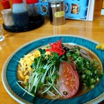 チャイナ DRAGON - 具材は錦糸卵にかいわれ大根に刻みネギにスライストマトに紅生姜  そしてチャイナドラゴン謹製の刻みチャーシュー‼️ 味変を楽しみたい方は辛子を混ぜてくださいな‼️