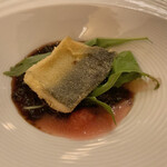 小笠原伯爵邸 - 古代黒米のアロスメロッソ　スモーク鮎のフリット　スイカのアクセント