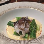 スガラボヴィー - 北海道新ひだか町アスパラガス舞鶴とり貝。柔らかくも、しゃきっと芯を感じるアスパラガス。とり貝は、ぷりっと弾力がありつつ歯切れが良い。まろやかな酸とふんわりと軽やかな口当たりのオランデーズソースと。