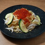 White shrimp, salmon roe and zucchini peperoncino