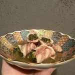 Pork belly wrapped in water spinach and basil from Kawasaki Farm, Kumiyama, Kyoto