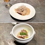 ドンブラボー - 【上】牡蠣
      （牡蠣のクリーム煮、醤油と赤ワインビネガー、カカオクレープ＆さつまいもペースト＆チョコレート、ゴボウ）【下】ランプレドット
      （ギアラの煮込み、赤ナス、トースト、サルサヴェルデソース）
      