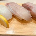 Sushi Hanatei - 白身三点盛り　みかん鯛　カンパチ　黒瀬ぶり