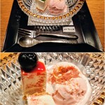 銀座ろくさん亭 - ◆水菓子 
      ・本日のデザート　苺アイス、チーズケーキ
       　アイスが溶けないように、先に食べたら、
       　チーズケーキが、メチャ酸っぱく感じた!
       　この場合は、先にケーキでした。