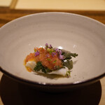 温石 - ◆焼津のエボダイと春菊 たたきトマト添え
      エボダイと春菊は蒸したもの。