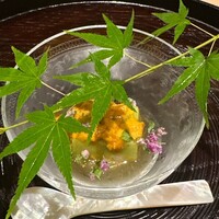 日本料理 研野 - うすい豆　新蓮根　葛豆腐　淡路由良の雲丹　お出汁のジュレ
