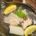 和彩むねや - 刺身3種盛り、ヒラメ、剣イカ、タコ