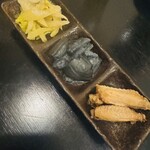 和彩むねや - セロリのお浸し、茄子の揚げ浸し、鶏手羽煮