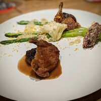 Grand Bleu Gamin - 鶉のロティ フレッシュモリーユ茸のソース　グリーンアスパラガスとイベリコ豚のリエット　宮古島のアスパラがとっても美味しい。私には塩胡椒がきつかったですm(_ _)m