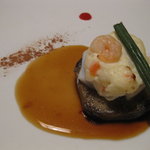 芭新萃 - 夕食：茄子の上に蓮根、マッシュポテトにエビ