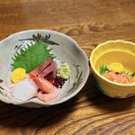 うお清 - エビのチャンジャ風和え、お造り