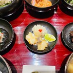 銀座 稲葉 - 蟹と海蘊の酢物・鱧/伊勢海老/鮑の天ぷら・牛肉時雨煮