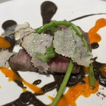 Global French Kitchen 雫 - ⑥宮崎牛ランプ肉のロティ　
       タップナードのクーリと赤パプリカソース、サマートリュフ