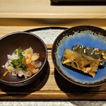 京橋 天冨良と鮨 いしい - サーモンマリネ・河豚煮こごり