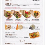 TACOMANIA - メニュー一覧です。タコスは全部で4種類。その中からトルティーヤ(生地)は3種類選べます。本場タコスはとうもろこしの生地が主流です。
