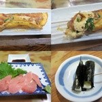 初訪/ニラ玉炒め￥360/本まぐろカマとろ刺し￥580/常連さんからいただいたのりチーズ