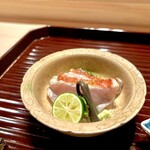 多仁本 - 金目の炙りとゼンマイなどの春野菜　いつもながら美味しい炙りでした♫