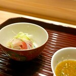 多仁本 - 来ました、北寄貝のシャブシャブはちり酢で