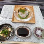 日本料理 TOBIUME - ①塩、②醤油、③オコゼの真子ポン酢和えの３種類の薬味