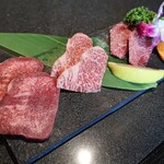 Yakiniku Ushi - 【焼　肉】焼肉3種盛り合わせ（塩）
                      牛タン/ハラミ/ツラミ