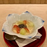日本料理 かしづき - ヨーグルトのパンナコッタ　メロン　さくらんぼ　花豆　ノンアルコールのシャンパンゼリー