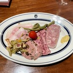 エレゾゲート - 前菜のお皿はまさかのシャルキュトリ盛合わせ！　豚のテリーヌ、豚ロースの生ハム、蝦夷鹿のモルタデッラ２種、山菜のピクルス、ウドのサラダ。
