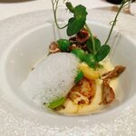 ラ シャンス - 北海道産帆立のミキュイ トランペット茸とえんどう豆のフリカッセ