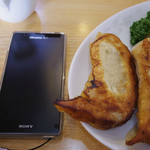 中華飯店 襄陽 - 餃子の大きさ。私のXperia Aと並べると。。。デカい。
