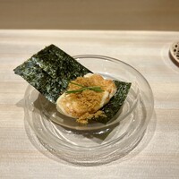 恵比寿 鮨 はつめ - モッツァレラチーズとカラスミの磯辺焼き