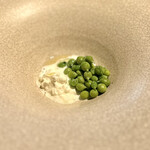 レスピラシオン - ④スナップエンドウの若豆、ブラータチーズ(のストラッチャテッラ)、アフォガードソース