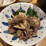 大衆日本酒バル ふとっぱらや - ホタルイカと筍のバジルソースあえ。390円。この日のホタルイカさんは鮮度が微妙だったw