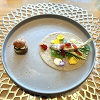 L'aisance - ①福井の蕎麦、九頭竜川稚鮎、木田ちそ、六条大麦、カリフラワー、トリュフ