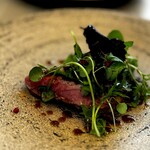 エピセ - 酸味のあるソースが野菜と肉をまとめ、時間差でピンクペッパーが インパクトを与えます。 前菜の軽い料理ですが、フレッシュな野菜とジビエの食感、旨味が 実に多断層的で、料理としての完成度はとっても高いです。