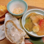どんつき左 - 長崎産生牡蠣、生コーン、？、夏野菜と貝のジュレ