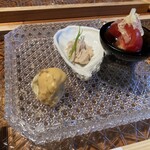 GINZA SORA - 前菜3種盛り(切子細工のお皿が綺麗)