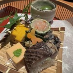 249949554 - 【前菜五種 】青梅蜜煮　甘海老麹和え　ひじきの白和え　空芯菜のみぞれ煮　鯛チーズしんじょう　人参豆腐　鯖寿司