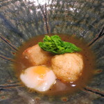 日本料理 みや  - 26年3月　河豚、京海老芋揚げ、温泉卵　黒トリュフ餡掛け