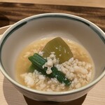 温石 - ◯丸茄子のオクラの焚き合わせ　鱧のそぼろ餡掛け