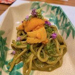 蕎麦割烹  倉田 - 最上早生 鮑肝ソース和え、海胆乗せて