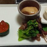 おお矢 - 河豚コース八寸、漬け白子や腸詰めが美味