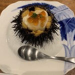 肴町 匙 - これがお通し！ウニとコーンのマリアージュ