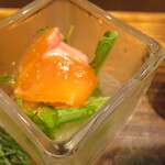 肉菜ダイニング 五色 - 前菜おしながき かぼちゃクリームスープ　,　焼き茄子ジュレ仕立て,　鮮魚のカルパッチョ　, 濃厚ごま豆腐　, ポテサラ　バジルソース五色ときめきランチ 1,450円「1.595円(税込み)」