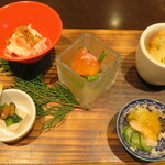 肉菜ダイニング 五色 - 前菜おしながき かぼちゃクリームスープ　,　焼き茄子ジュレ仕立て,　鮮魚のカルパッチョ　, 濃厚ごま豆腐　, ポテサラ　バジルソース五色ときめきランチ 1,450円「1.595円(税込み)」