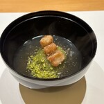 みえ田 - えんどう豆の饅頭　葛餡　バナナの唐揚げ