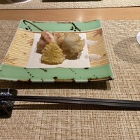 魚菜 基 - はもとイチジクととうもろこしの天ぷら 魚菜 基 - はもとイチジクととうもろこしの天ぷら