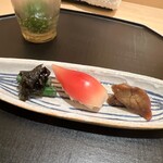 味幸 - インゲンと茄子のウテナの黒胡麻和え ミョウガ寿司 オコゼ肝